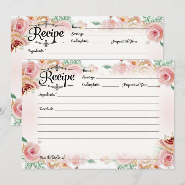 Blush Pink Floral Rose Gold Recipe Bridal Shower Invitation (Front/Back)
