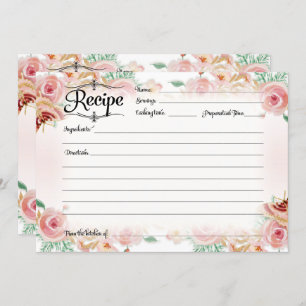 Blush Pink Floral Rose Gold Recipe Bridal Shower Invitation