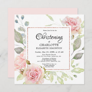 Blush Pink Floral Rose Gold Square Christening Invitation