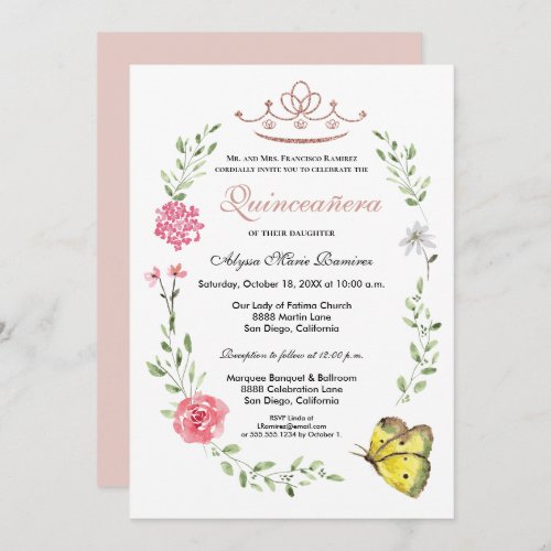 Blush Pink Floral Rose gold Tiara Quinceanera Invitation