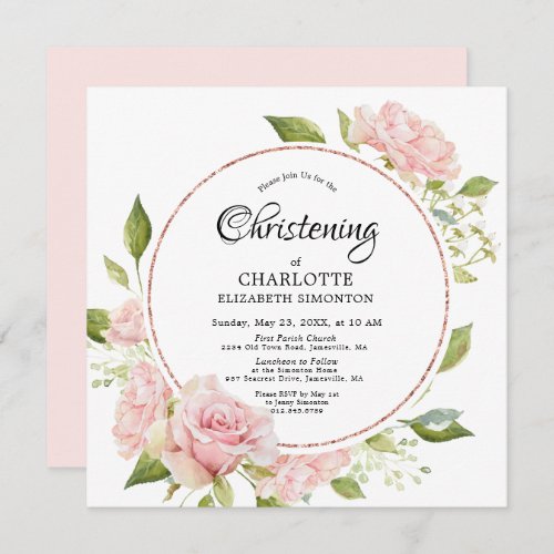 Blush Pink Floral Rose Gold Watercolor Christening Invitation