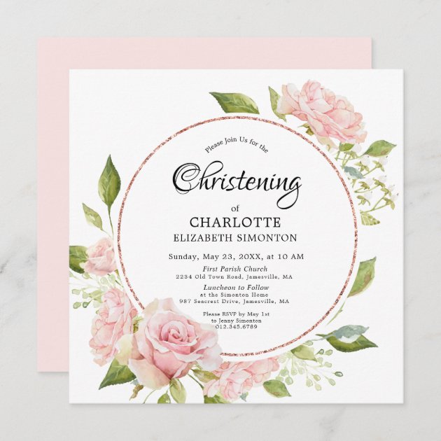 Blush Pink Floral Rose Gold Watercolor Christening Invitation Zazzle