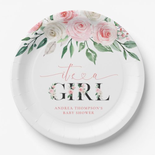 Blush Pink Floral Rose Its a Girl Baby Shower Paper Plates