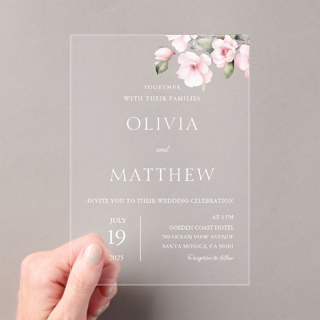 Blush Pink Floral Rose Wedding Acrylic Invitation (Insitu (Handheld))