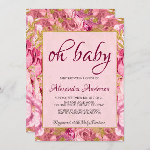 Blush Pink Floral Roses Baby Shower Monogram Invitation