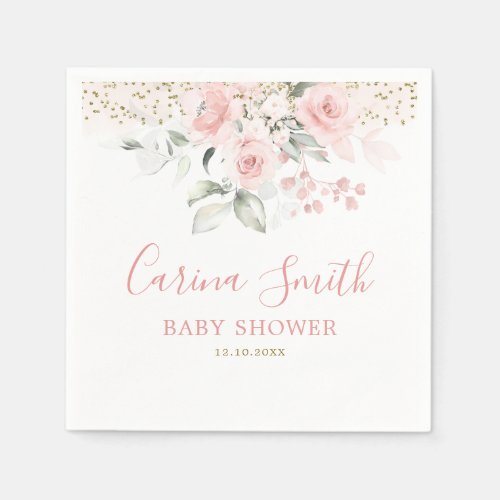 Blush Pink Floral Roses Baby Shower Paper Napkin