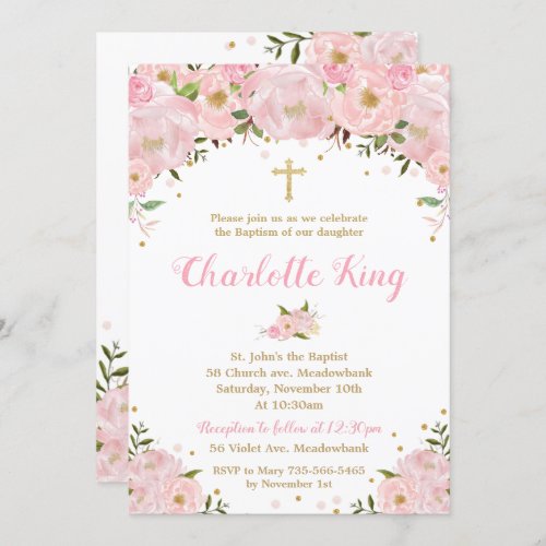 Blush Pink Floral Roses Baptism Christening Invitation