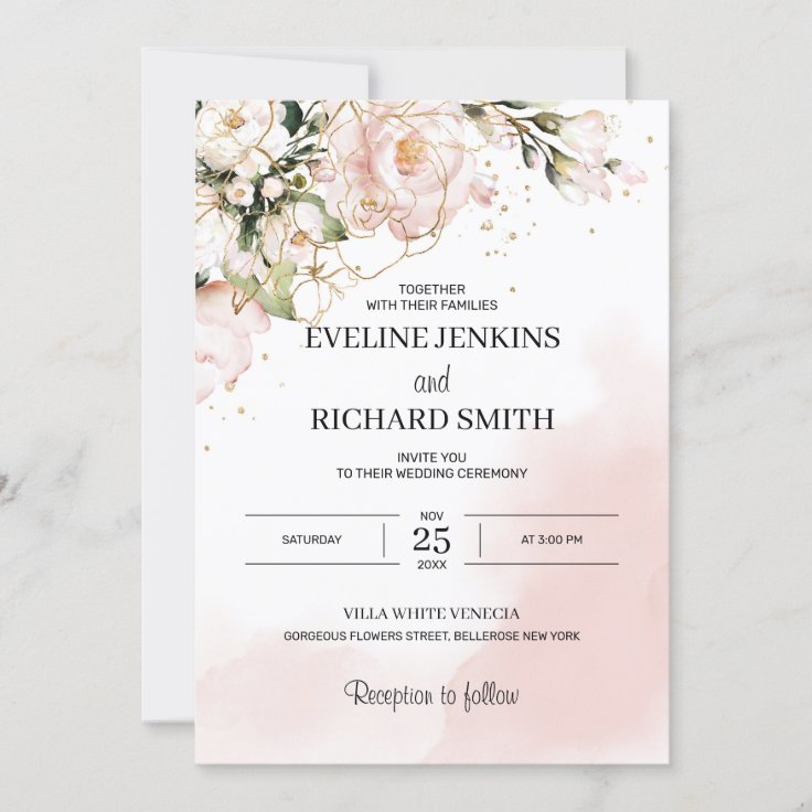 Blush Pink Floral Roses Boho Wedding Invitation | Zazzle