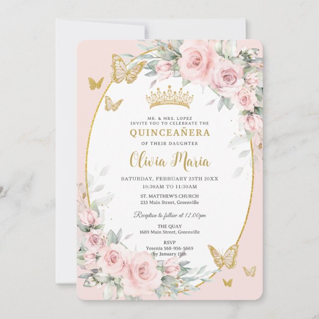 Blush Pink Floral Roses Butterflies Quinceañera Invitation (Front)