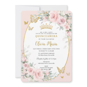 Blush Pink Floral Roses Butterflies Quinceañera Invitation