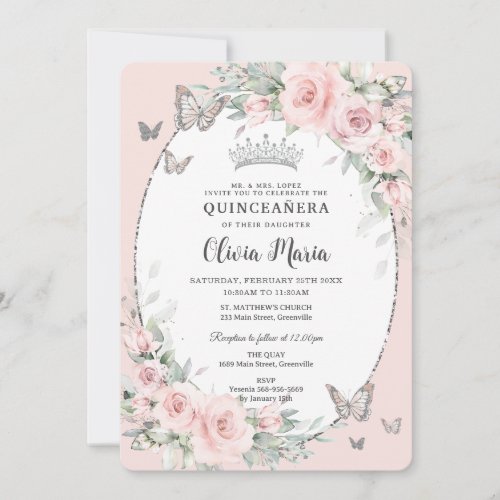Blush Pink Floral Roses Butterflies Quinceañera