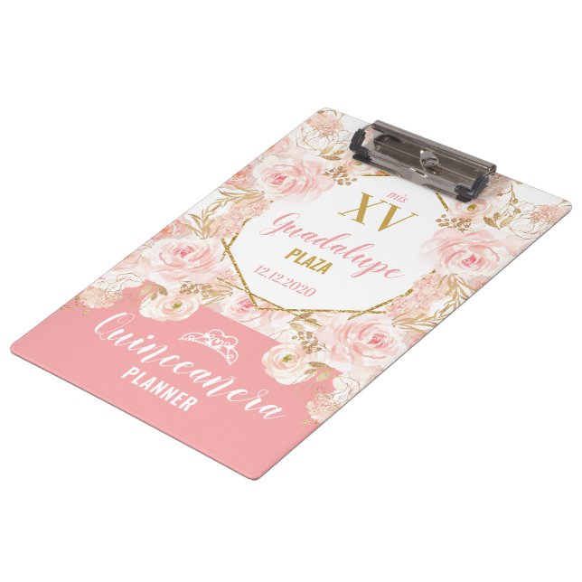 Blush Pink Floral Roses & Glitter Quinceañera Clipboard (Angled)