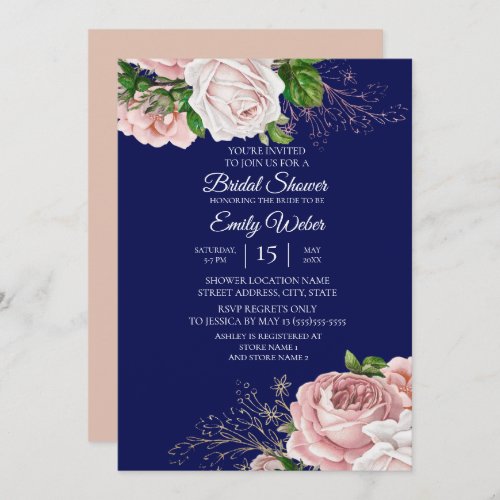 Blush Pink Floral Roses Navy Blue Bridal Shower Invitation