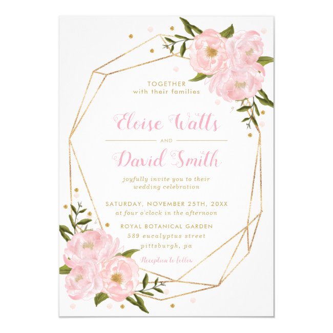 Blush Pink Floral Roses Peonies Geometric Wedding Invitation
