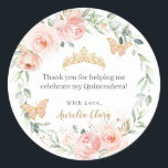 Blush Pink Floral Roses Quinceañera 16th Birthday  Classic Round Sticker<br><div class="desc">Matching items available in store! (c) The Happy Cat Studio.</div>