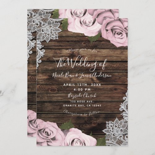 Blush Pink Floral Roses Rustic Wood Lace Wedding Invitation