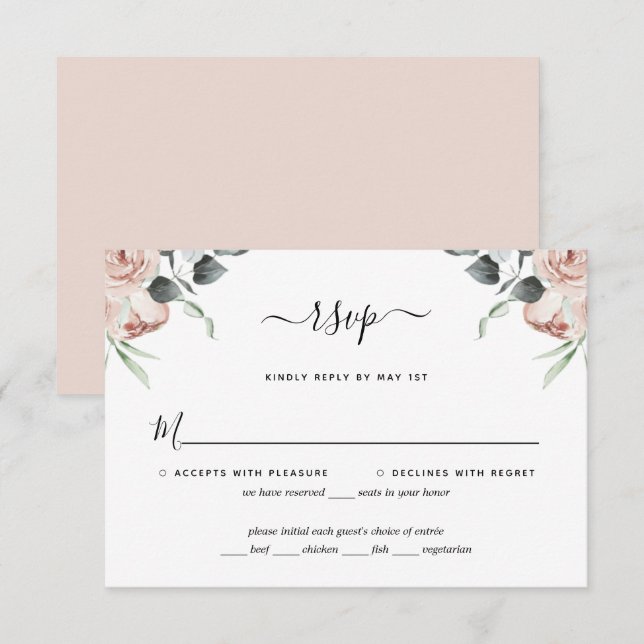 Blush Pink Floral Roses Wedding RSVP Card (Front/Back)