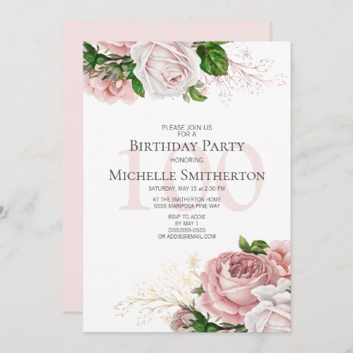 Blush Pink Floral Roses White 100th Birthday Invitation