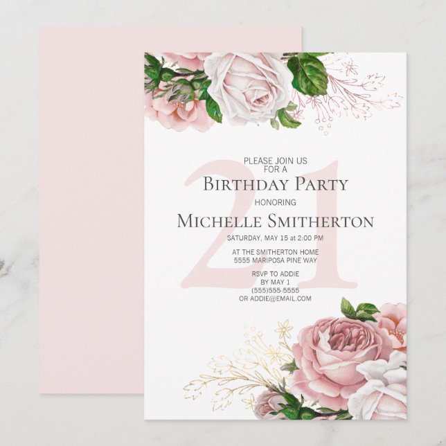 Blush Pink Floral Roses White 21st Birthday Invitation (Front/Back)