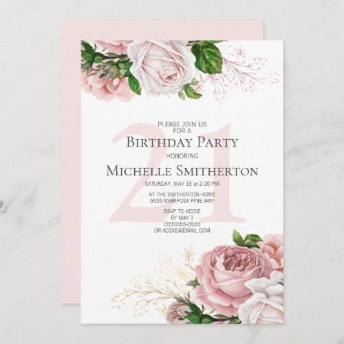 Blush Pink Floral Roses White 21st Birthday Invitation