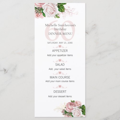 Blush Pink Floral Roses White 60th Birthday Menu