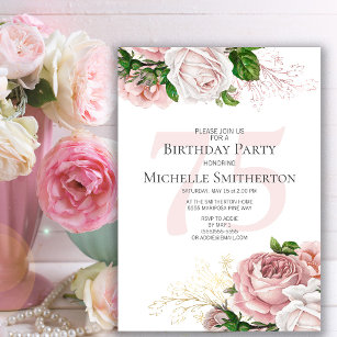 Blush Pink Floral Roses White 75th Birthday Invitation