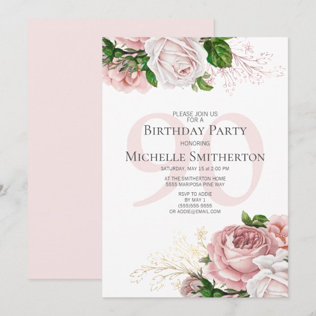 Blush Pink Floral Roses White 90th Birthday Invitation (Front/Back)