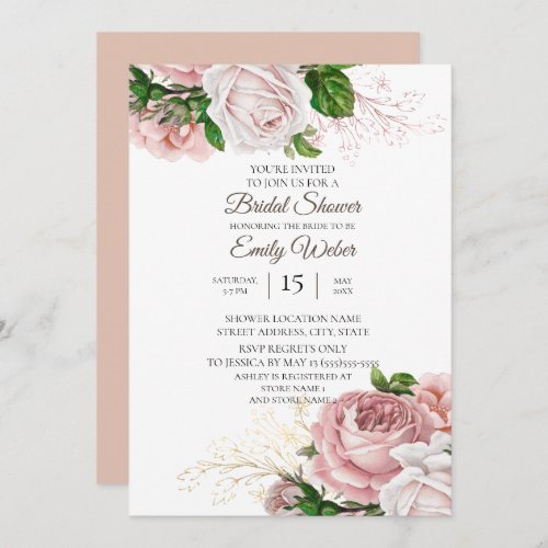 Blush Pink Floral Roses White Bridal Shower Invitation