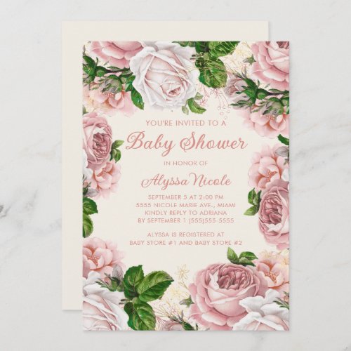 Blush Pink Floral Roses White Girl Baby Shower Invitation