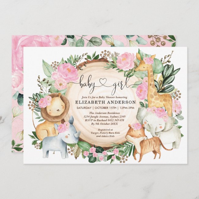Blush Pink Floral Safari Jungle Wild Baby Shower Invitation