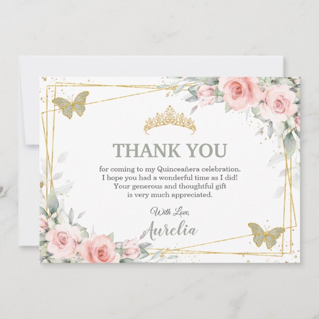 Blush Pink Floral Sage Green Butterfly Quinceañera Thank You Card (Front)