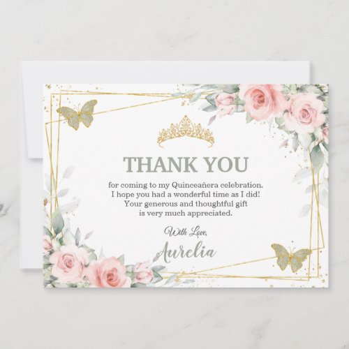 Blush Pink Floral Sage Green Butterfly Quinceaera Thank You Card