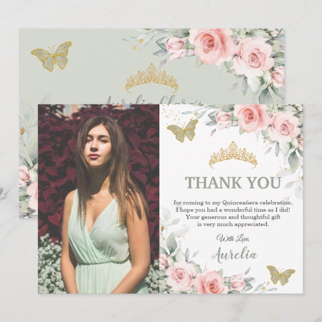 Blush Pink Floral Sage Green Quinceañera Photo Thank You Card (Front/Back)