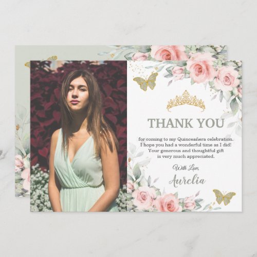 Blush Pink Floral Sage Green Quinceaera Photo Thank You Card