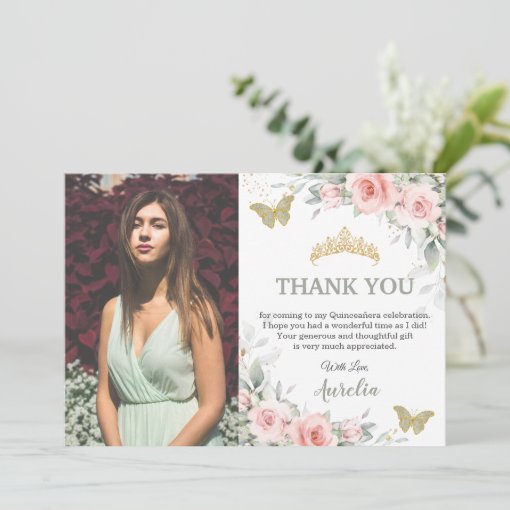 Blush Pink Floral Sage Green Quinceañera Photo Thank You Card Zazzle