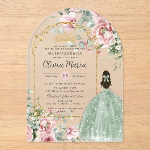 Blush Pink Floral Sage Green Quincea&#241;era Sweet 16 Acrylic Invitations