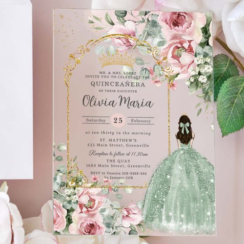 Blush Pink Floral Sage Green Quincea&#241;era Sweet 16 Acrylic Invitations