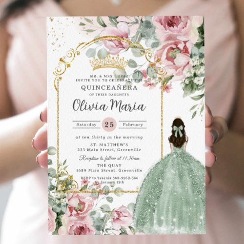 Blush Pink Floral Sage Green Quincea&#241;era Sweet 16 Invitation