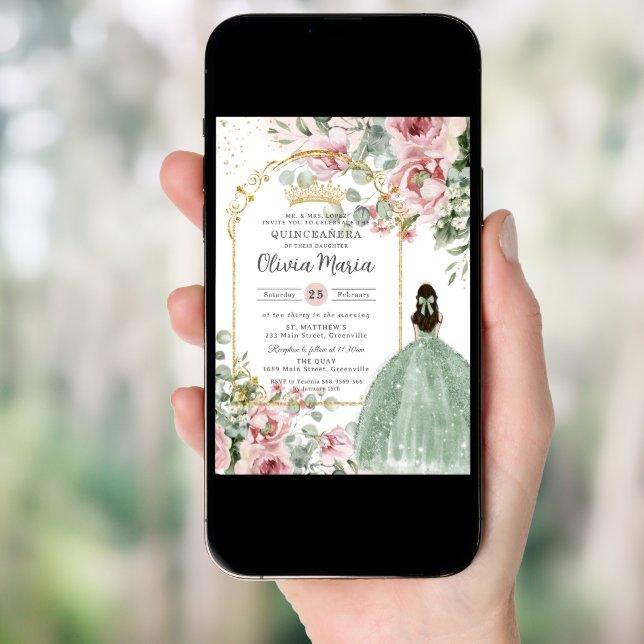 Blush Pink Floral Sage Green Quinceañera Sweet 16 Invitation (Front Digital)