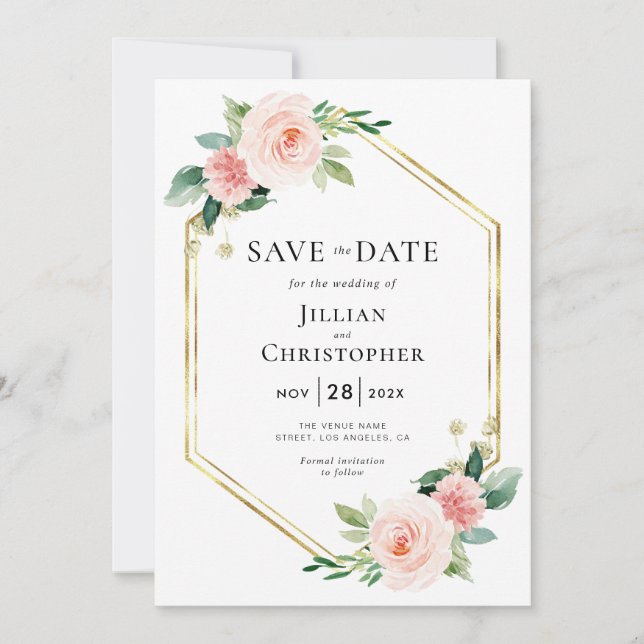 blush pink floral save the date invitation (Front)