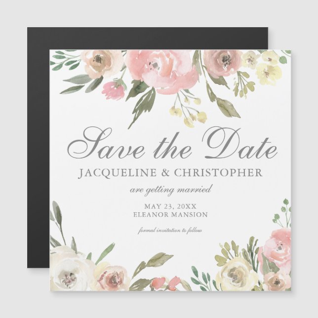 Blush Pink Floral Save the Date Magnetic Card (Front/Back)