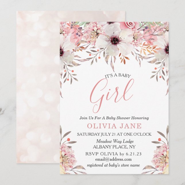 Blush Pink Floral Shimmer Baby Shower Invitation (Front/Back)