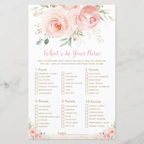 Blush Pink Floral Shower Whats In Your Purse Game