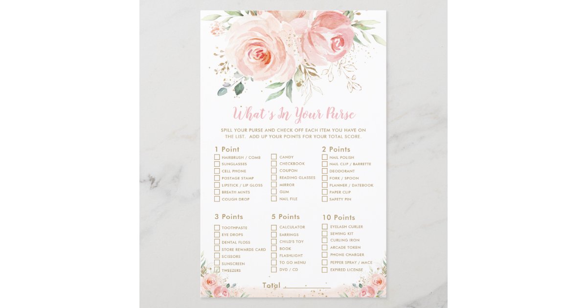 Blush Pink Floral Shower What's In Your Purse Game | Zazzle