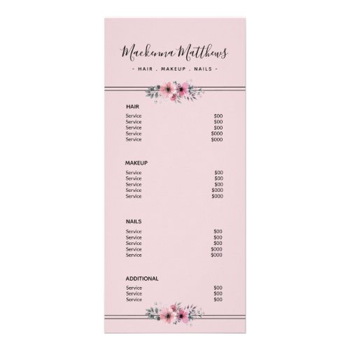 Blush Pink Floral Signature Stylist Service Menu