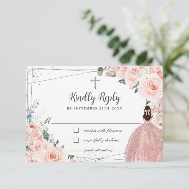 Blush Pink Floral Silver Baptism Christening Girl  RSVP Card (Standing Front)