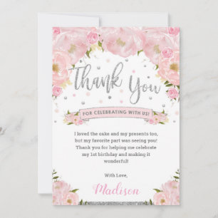 Blush Pink Floral Silver Birthday Baby Shower Thank You Card