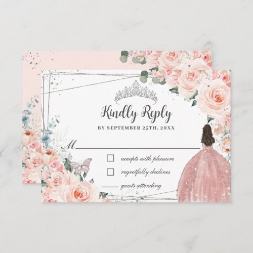 Blush Pink Floral Silver Butterfly Quinceaera RSVP Card