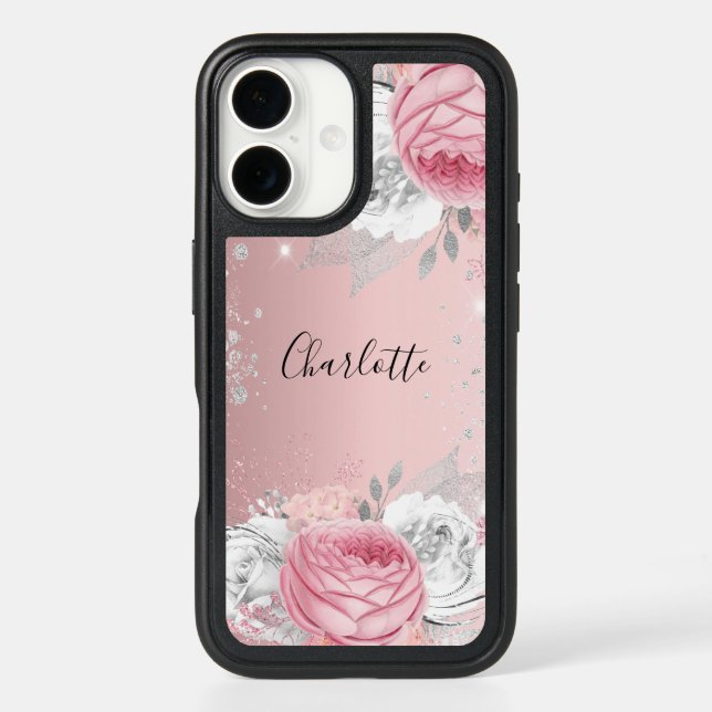Blush pink floral silver foliage glitter name otterbox iPhone case (Back)