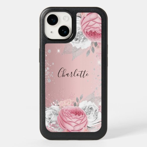 Blush pink floral silver foliage glitter name OtterBox iPhone 14 case